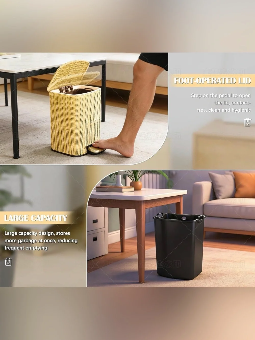 Handwoven Faux Rattan Trash Can Wicker Soft Slow Close Lid, Gold Tone Foot Pedal